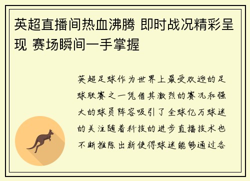 英超直播间热血沸腾 即时战况精彩呈现 赛场瞬间一手掌握