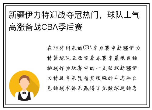 新疆伊力特迎战夺冠热门，球队士气高涨备战CBA季后赛